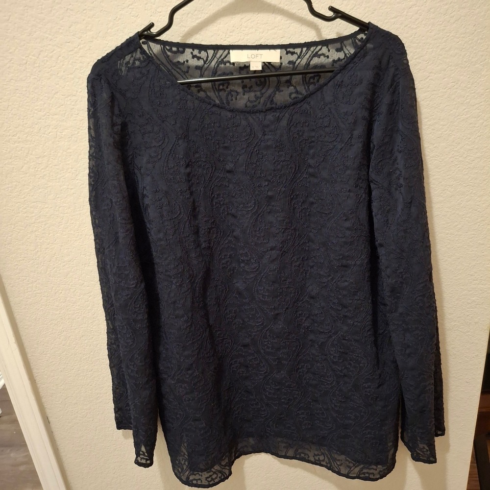 LOFT Navy Blue Lace Paisley Long Sleeve Sheer Embroidered XL Top